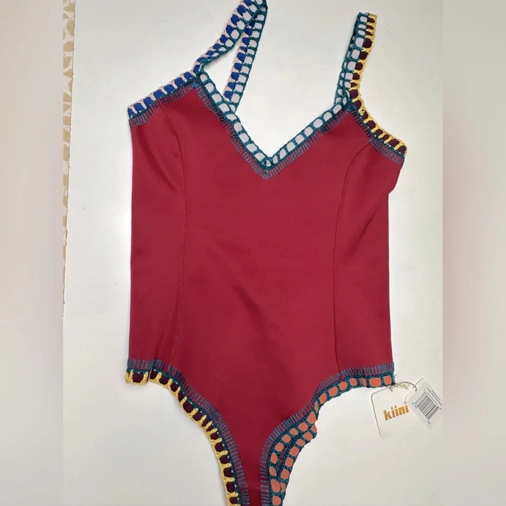 KIINI Red/Multicolored Soley Scoop Back Maillot Crochet One Piece Swimsuit NWT M
